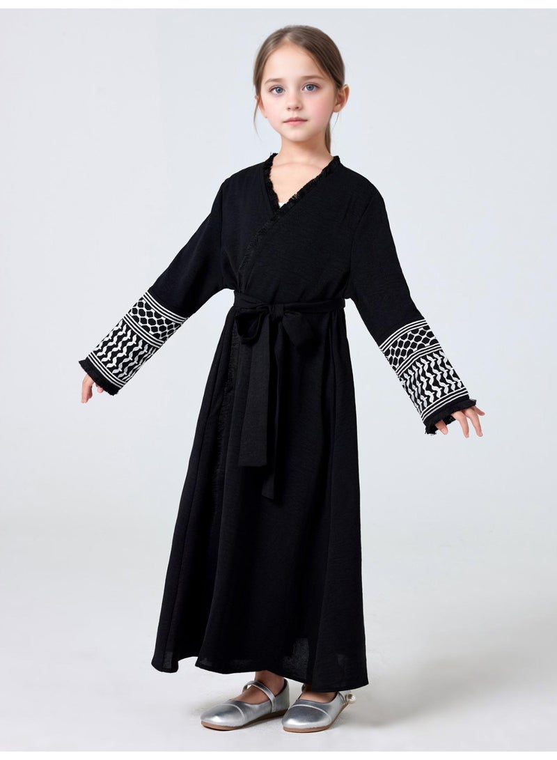 Middle Eastern girls abaya robe embroidered tassel jacket with belt - Image 1